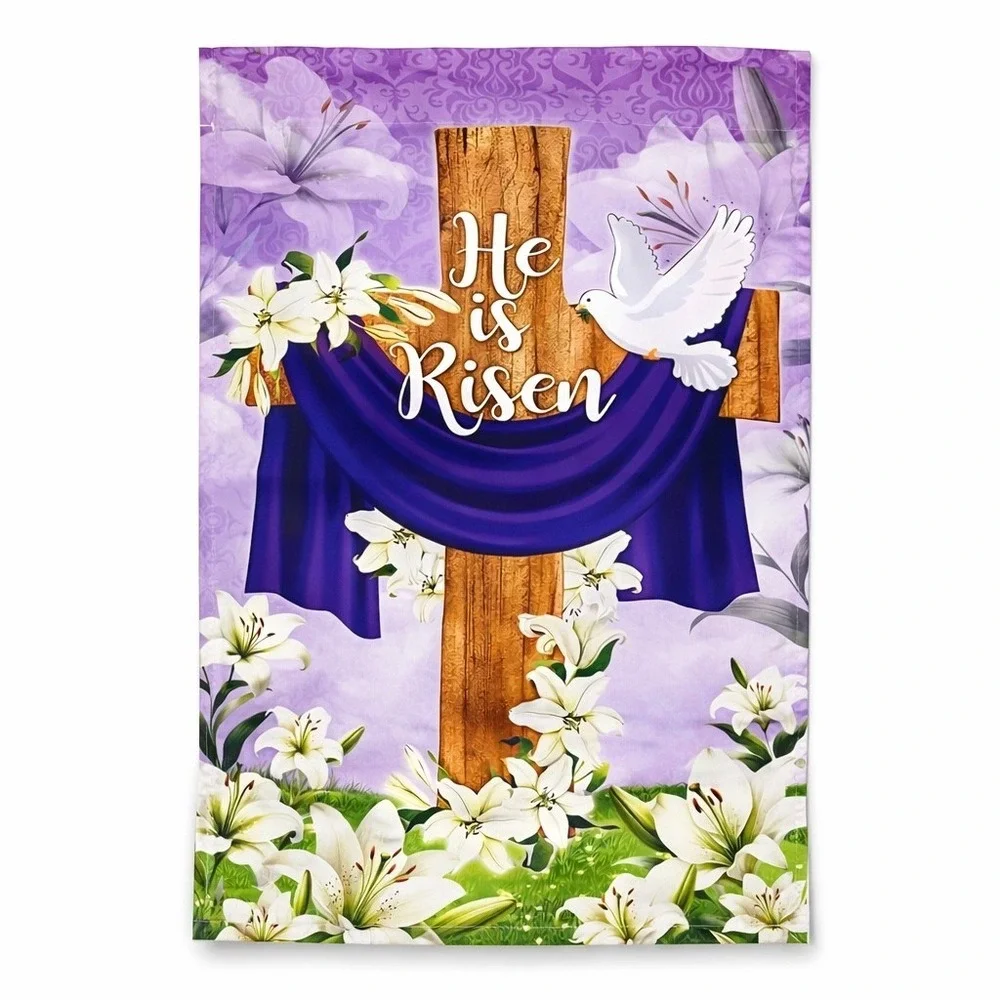 He Is Risen Easter Garden Flag Cross Dove Lilies Religious Spring Decor NEW
